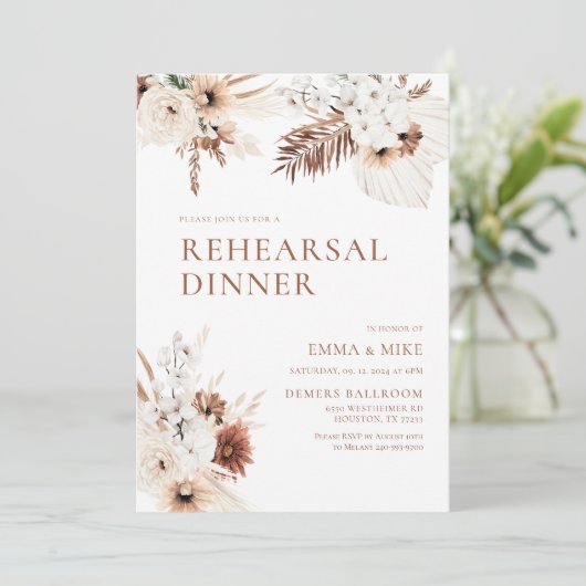 Boho Pampas Rehearsal Dinner Invitation Kaart (Staand voorkant)
