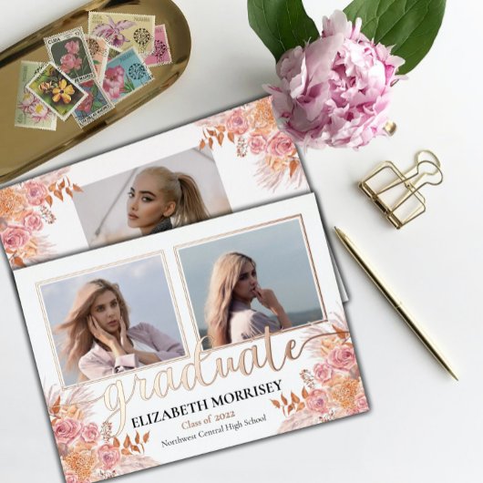 Boho Pampas Roos 3 Foto Afstuderen Afstuderen Whit Folie Uitnodiging