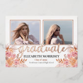 Boho Pampas Roos 3 Foto Afstuderen Afstuderen Whit Folie Uitnodiging (Voorkant)