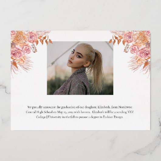 Boho Pampas Roos 3 Foto Afstuderen Afstuderen Whit Folie Uitnodiging (Achterkant)