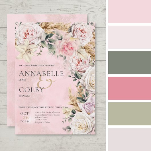 Boho Pampas & Roses roses roses Faire-part de mari