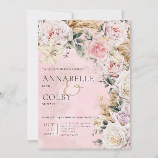 Boho Pampas & Roses roses roses Faire-part de mari (Devant)