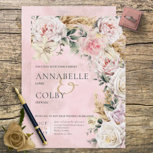 Boho Pampas & Roses Wedding Invitation Kaart