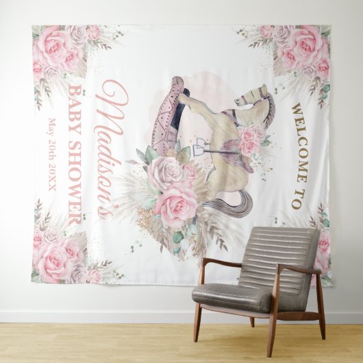 Boho Pampas Roze Bloemen Rocking Horse Achtergrond Wandkleed (In Situ (horizontaal))
