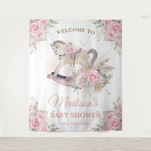 Boho Pampas Roze Bloemen Rocking Horse Achtergrond Wandkleed (Voorkant)