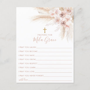Boho Pampas Roze Meisje Bloem Doop Gebedskaart Briefkaart