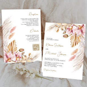 Boho Pampas Roze Orchidee Bloem QR Code Trouwen Kaart