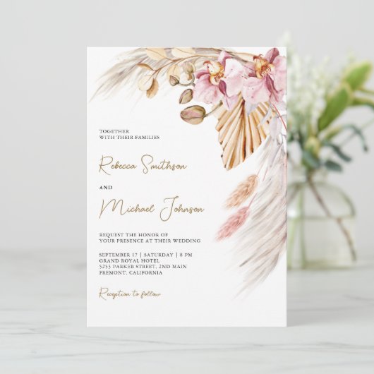 Boho Pampas Roze Orchidee Bloemen QR Code Bruiloft Kaart (Staand voorkant)