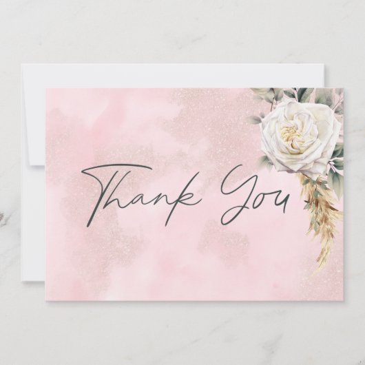 Boho Pampas & Roze Rozen Bruiloft Bedankkaart (Voorkant)