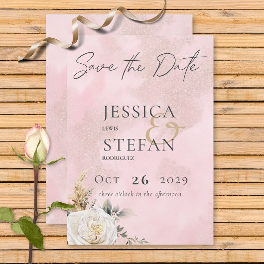 Boho Pampas & Roze Rozen Bruiloft Save The Date