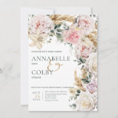 Boho pampas & roze rozen crème bruiloft kaart (Voorkant)