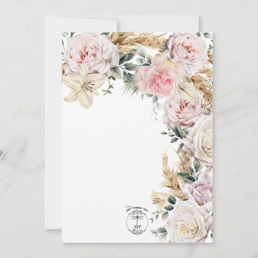 Boho pampas & roze rozen crème bruiloft kaart (Achterkant)