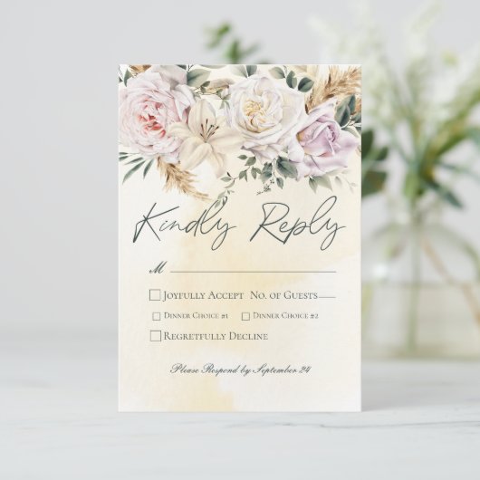 Boho pampas & roze rozen crème bruiloft RSVP kaartje (Staand voorkant)