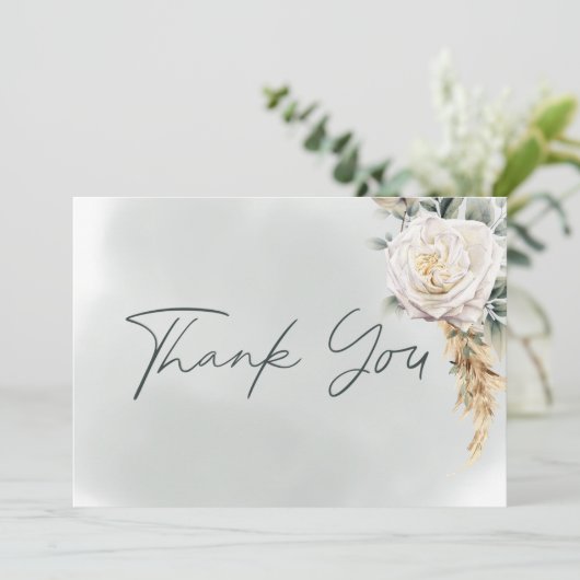 Boho Pampas & Roze Rozen Groene bruiloft Bedankkaart (Staand voorkant)