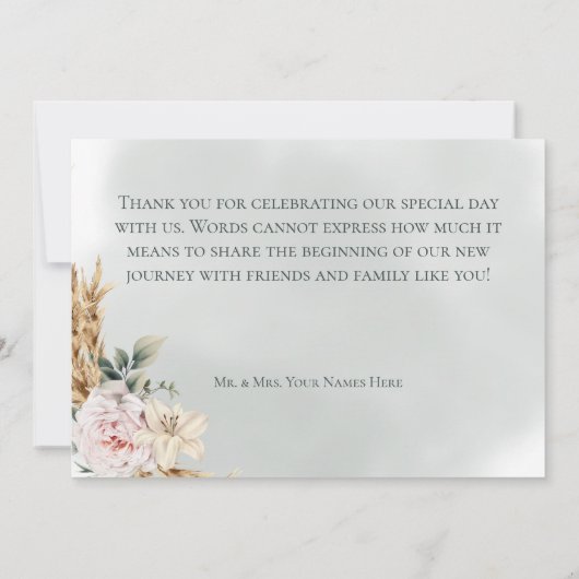 Boho Pampas & Roze Rozen Groene bruiloft Bedankkaart (Achterkant)