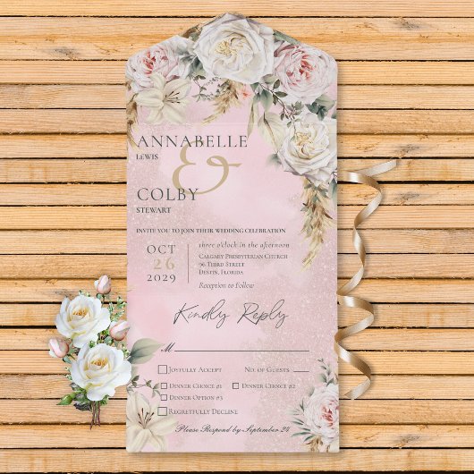 Boho pampas & roze rozen roze 3 diner all in one uitnodiging