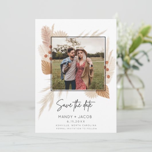Boho Pampas rustieke foto bruiloft Save the Date (Staand voorkant)