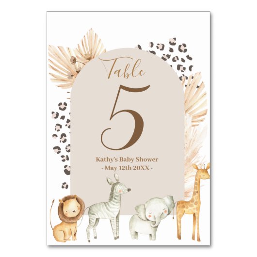 Boho Pampas Safari Animals Modern Table Number Kaart (Voorkant)