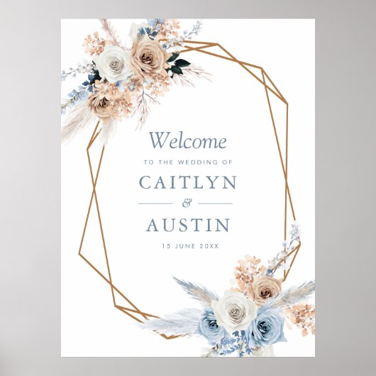 boho pampas stoffig blauwe bloemige trouwbord poster (Voorkant)