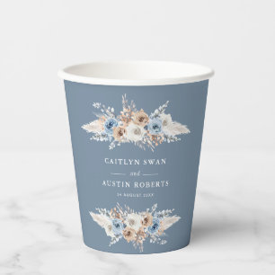 Boho pampas stoffige blauwe bloemenbruiloft papieren bekers