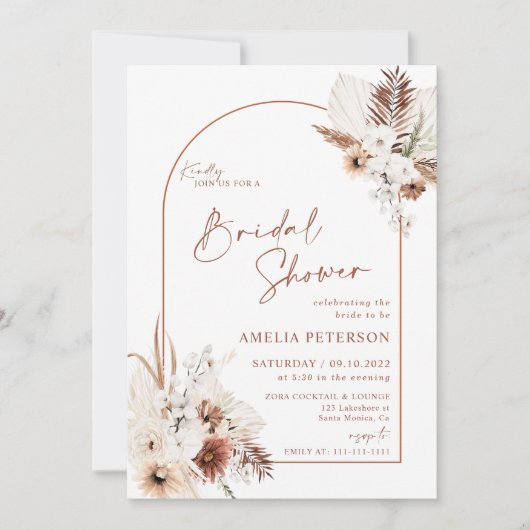 Boho Pampas Terracotta Invitation à la douche nupt (Devant)