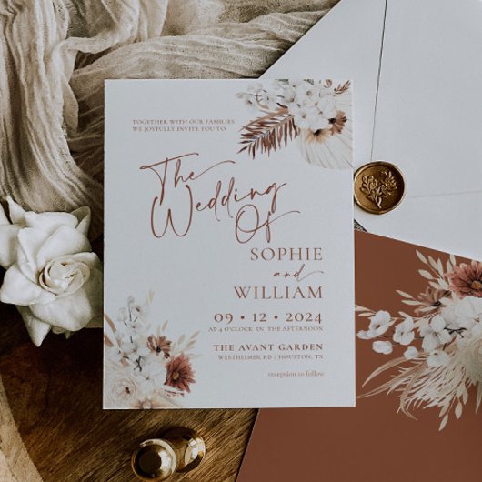 Boho Pampas Terracotta Wedding Invitation Kaart
