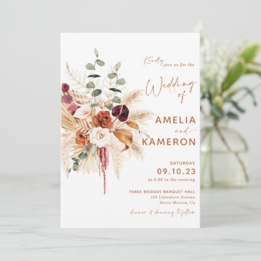 Boho Pampas Terracotta Wedding Invitation MEDINA Kaart (Staand voorkant)