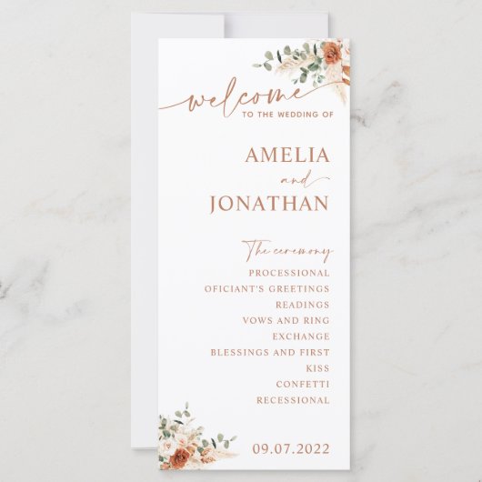 Boho Pampas Terracotta Wedding Program Kaart LEYLA (Voorkant)