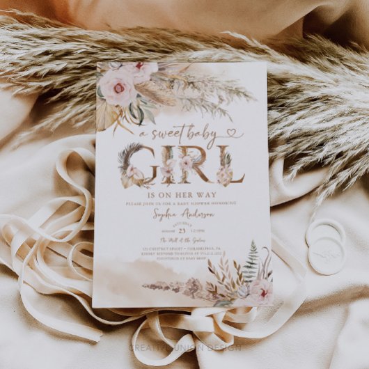 Boho Pampas Tropisch Meisje Baby shower Uitnodigen Kaart