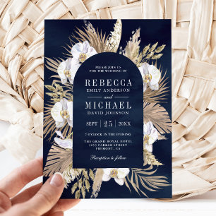 Boho Pampas White Orchid Dried Palm Navy Wedding Kaart