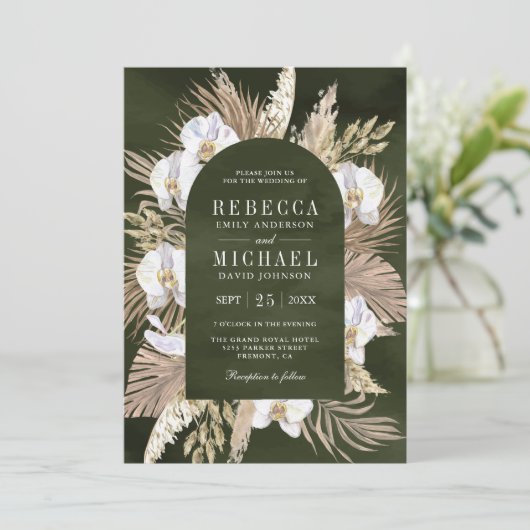 Boho Pampas White Orchid Dried Palm Sage Wedding Kaart (Staand voorkant)