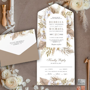 Boho Pampas Witte Orchidee Gedroogde Palm Bruiloft All In One Uitnodiging