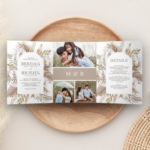 Boho Pampas Witte Orchidee Gedroogde Palm Bruiloft Drieluik Uitnodiging