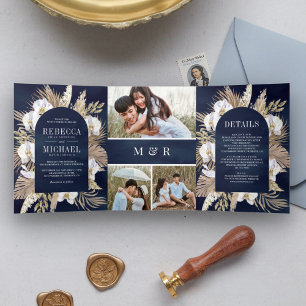 Boho Pampas Witte Orchidee Gedroogde Palm Navy Bru Drieluik Uitnodiging