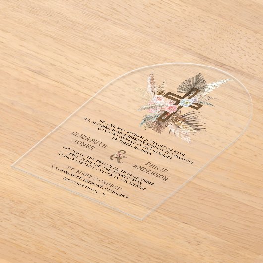 Boho Pampas Wood Cross Catholic Wedding Acryl Uitnodigingen (Laagn)