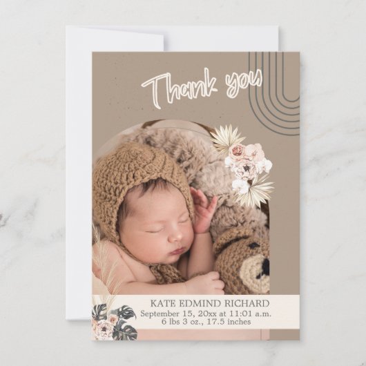 Boho Pasgeboren Baby Geboorte Aankondiging Dank u (Voorkant)