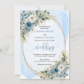 Boho Pastel Blauwe Bloemen Gouden Trouw Uitnodigin Kaart (Voorkant)