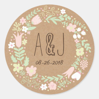 Boho pastel bloemenkrans rustieke bruiloft ronde sticker