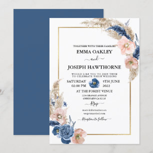 Boho pastel blue en blush chic floral Wedding Invi Kaart