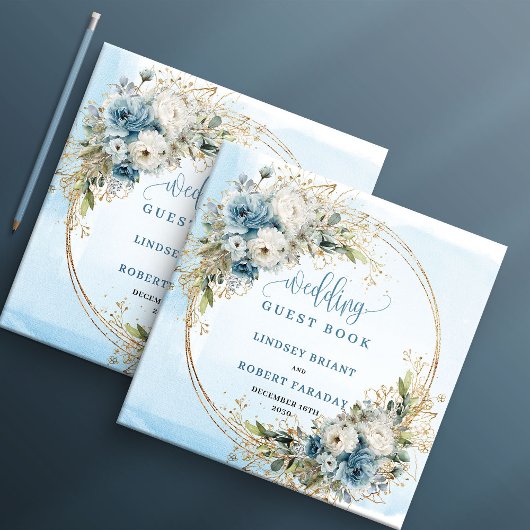 Boho Pastel Blue Flowers Gold Guest Book Gastenboek