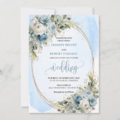 Boho Pastel Blue Flowers Gold Wedding Invite Kaart (Voorkant)