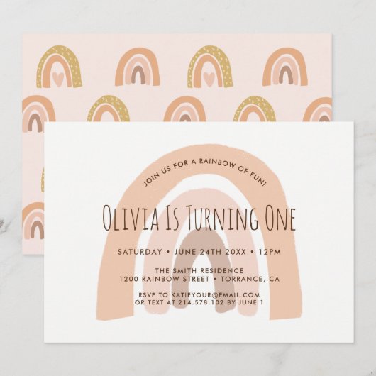 Boho Pastel Regenboog Eerste Verjaardagsuitnodigin Kaart (Voorkant / Achterkant)