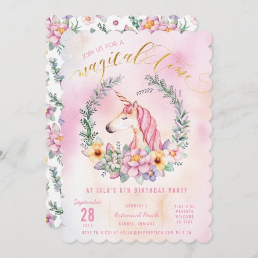 Boho Pastel Unicorn Invitation de fête d'anniversa (Devant / Derrière)