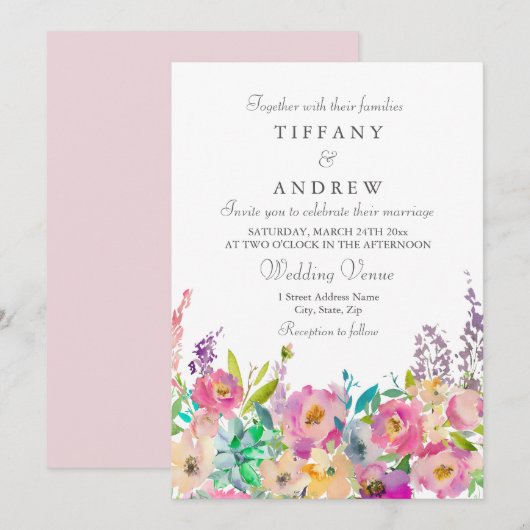 Boho Pastel Waterverf Floral Wedding Kaart (Voorkant / Achterkant)
