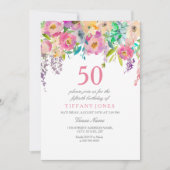 Boho Pastel Waterverf Flowers 50th Birthday Party Kaart (Voorkant)