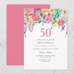 Boho Pastel Waterverf Flowers 50th Birthday Party Kaart