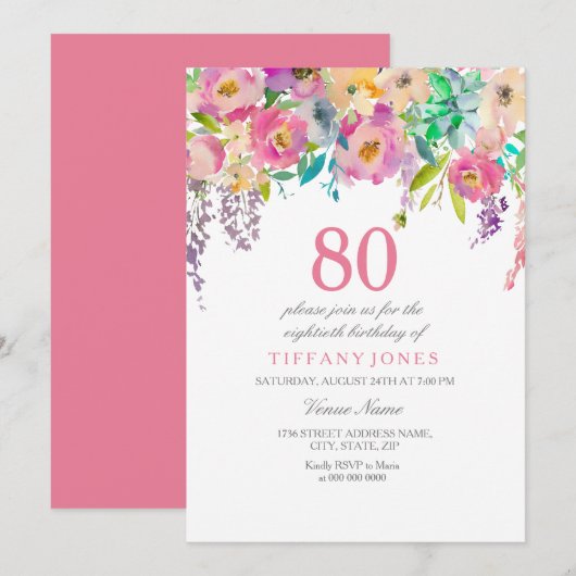 Boho Pastel Waterverf Flowers 80th Birthday Party Kaart (Voorkant / Achterkant)