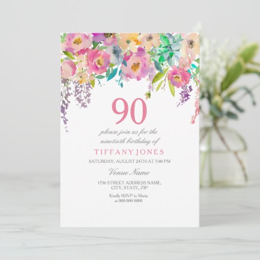 Boho Pastel Waterverf Flowers 90th Birthday Party Kaart (Staand voorkant)