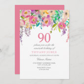Boho Pastel Waterverf Flowers 90th Birthday Party Kaart (Voorkant / Achterkant)