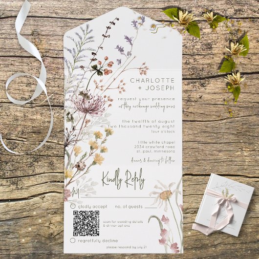 Boho Pastel Wildbloemen Moderne QR-code All In One Uitnodiging